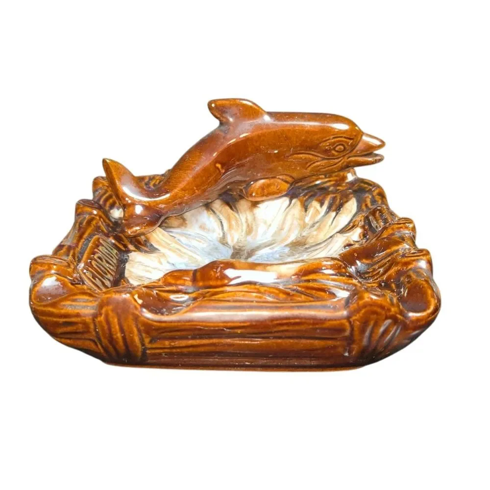 Vintage Brown Glazed Dolphin Topped Florida Souvenir Dripware Ashtray 7